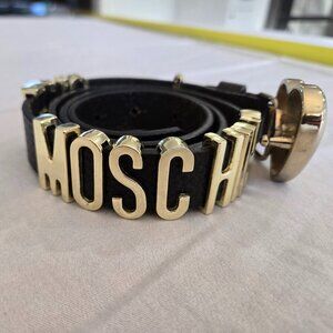 LOVE Moschino Thin Black Leather Belt, Gold Heart/Gold Metal Genuine